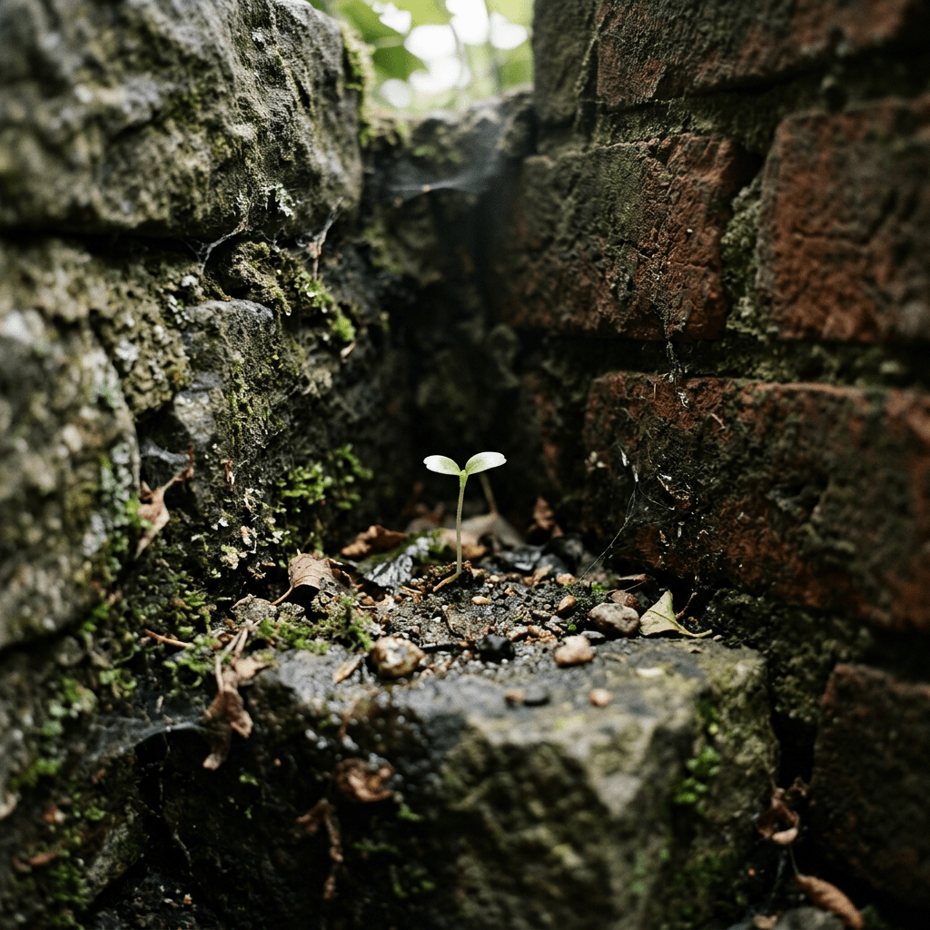 Small green seedling growing in narrow space between mossy bricks